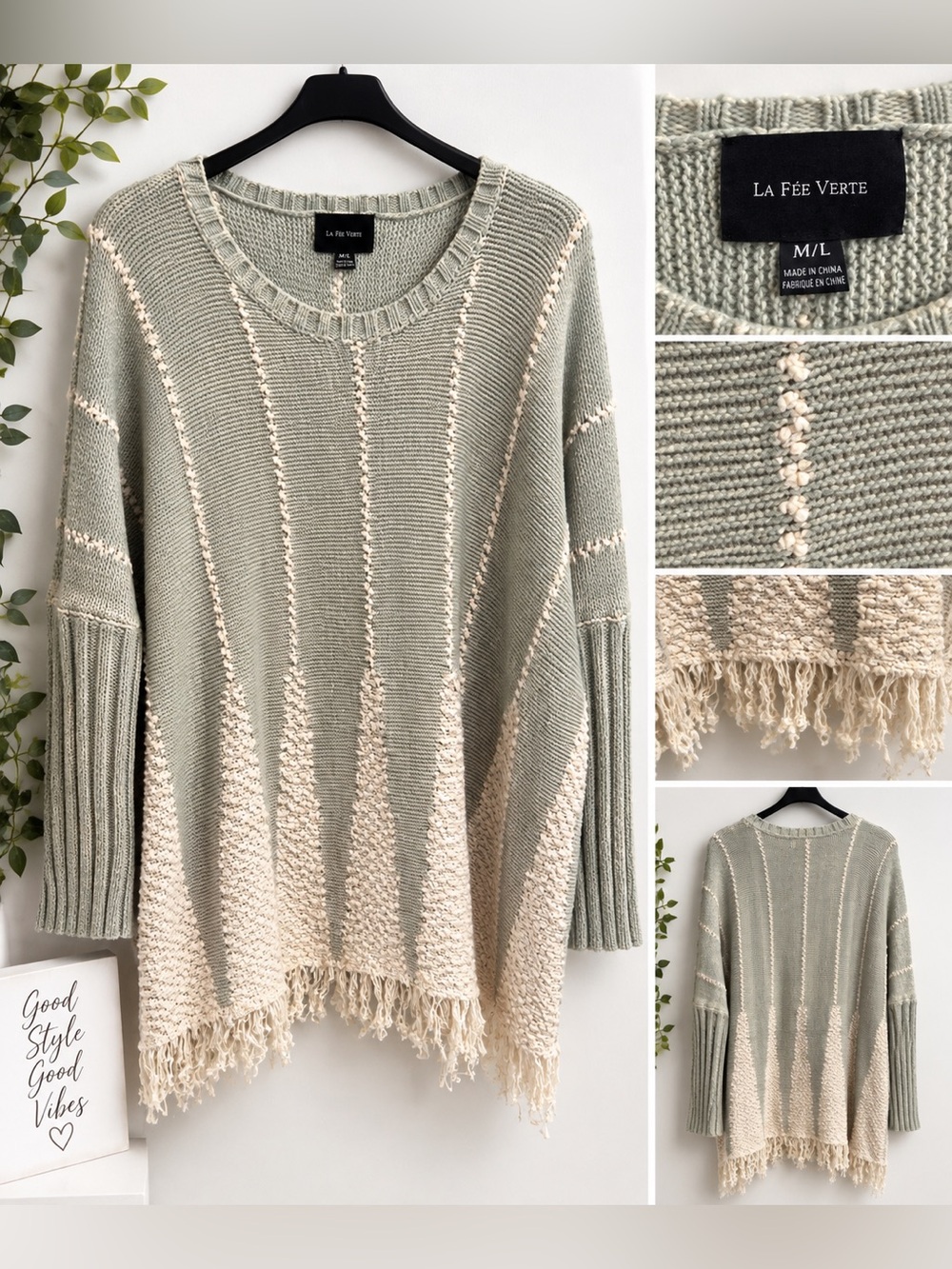 La Fée Verte Women's Sage & Cream Fringe Crewneck Sweater